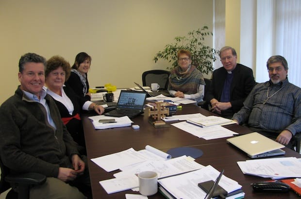 The advisory council for the Canadian Companions of the Episcopal Diocese of Jerusalem: (L to R) the Rev. Richard LeSueur, the Rev. Patricia Kirkpatrick, Deborah Neal, General Synod global relations director Andrea Mann, Archbishop Fred Hiltz and the Rev. Robert Assaly Photo: Leigh Anne Williams