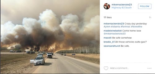 Fuel shortages left many cars stranded on the highway south of Fort McMurray. Photo: Instagram/mikemackenzie23